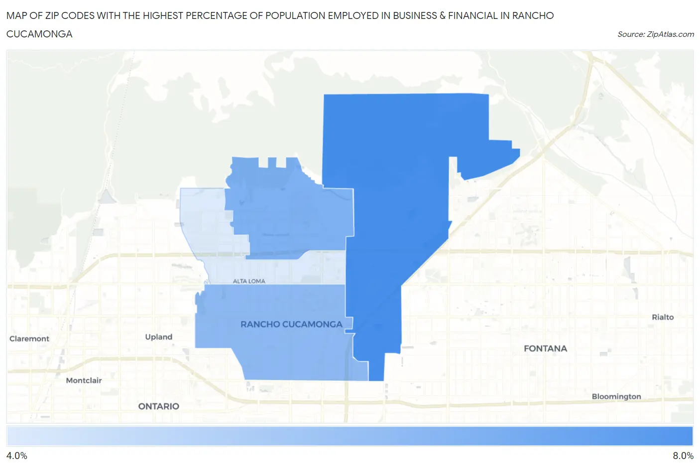 Zip Codes with the Highest Percentage of Population Employed in Business & Financial in Rancho Cucamonga Map