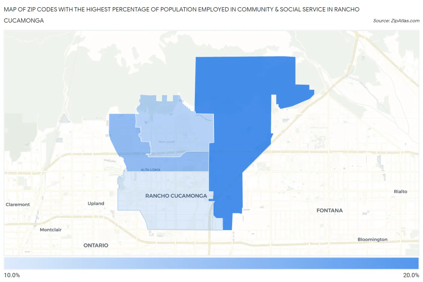 Zip Codes with the Highest Percentage of Population Employed in Community & Social Service  in Rancho Cucamonga Map
