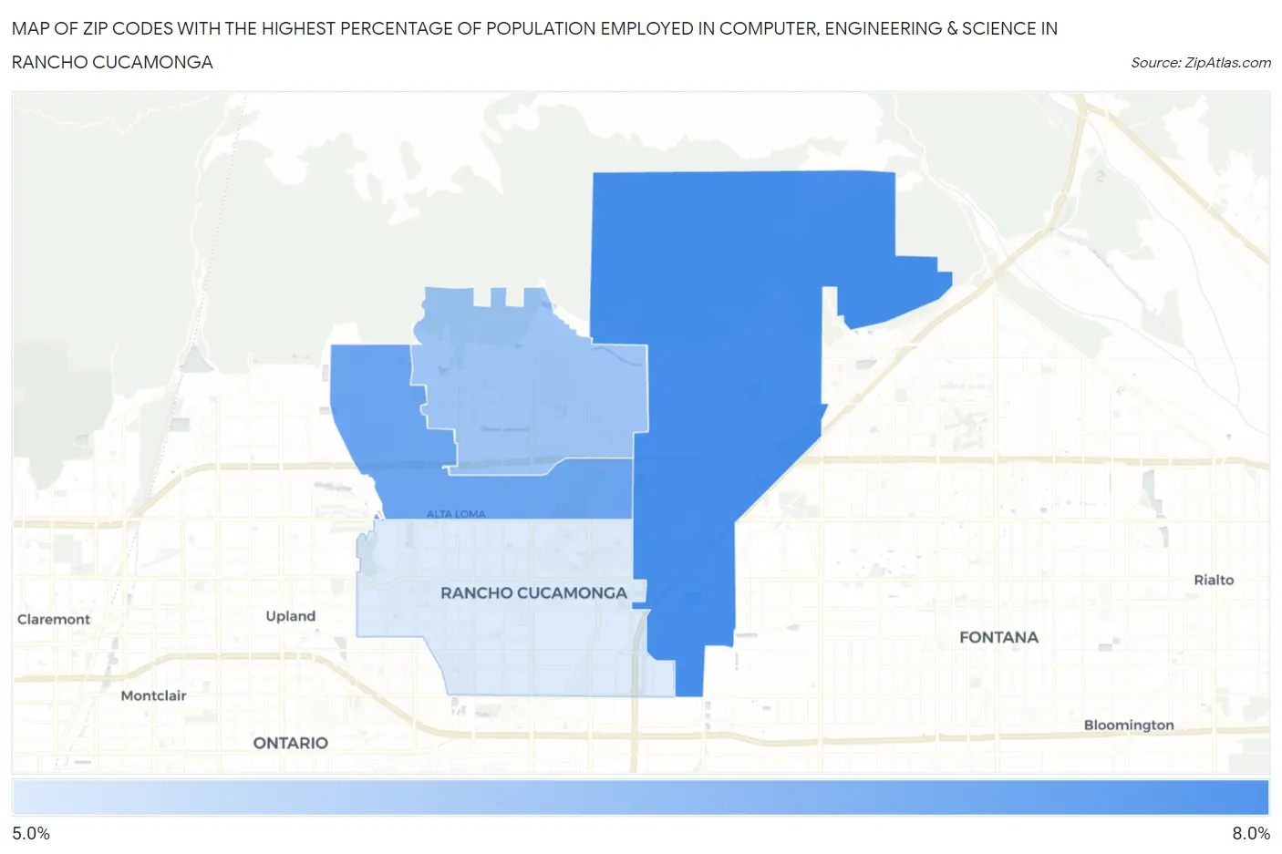 Zip Codes with the Highest Percentage of Population Employed in Computer, Engineering & Science in Rancho Cucamonga Map