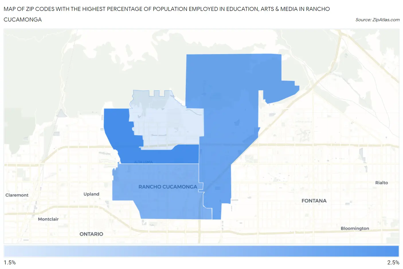 Zip Codes with the Highest Percentage of Population Employed in Education, Arts & Media in Rancho Cucamonga Map