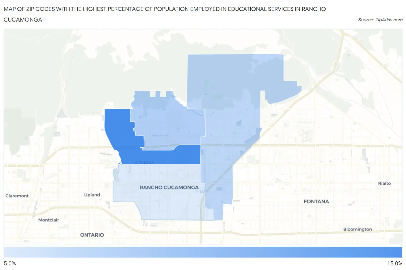 Zip Codes with the Highest Percentage of Population Employed in Educational Services in Rancho Cucamonga Map