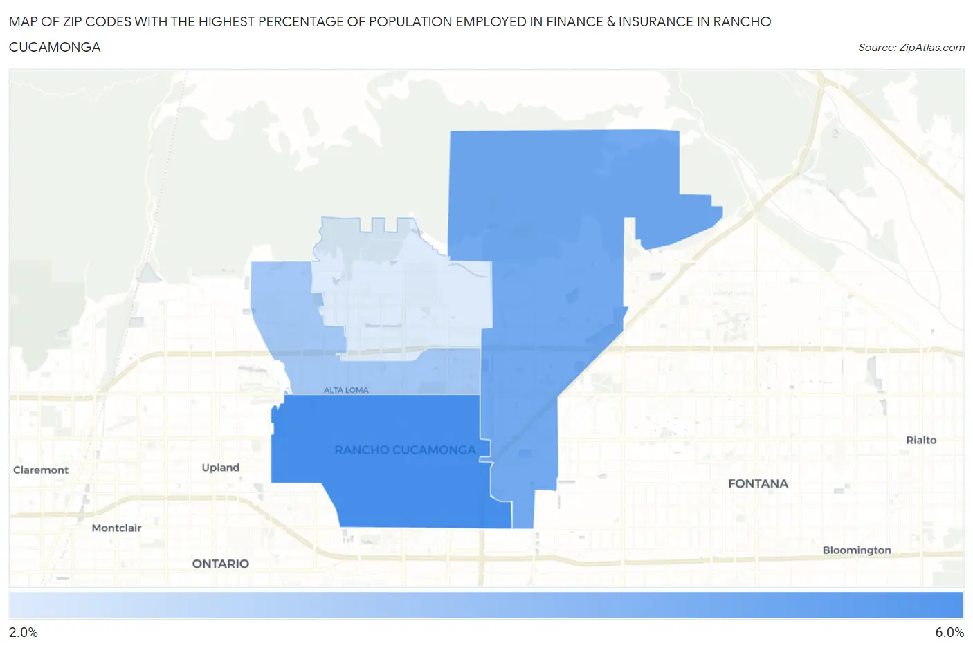 Zip Codes with the Highest Percentage of Population Employed in Finance & Insurance in Rancho Cucamonga Map