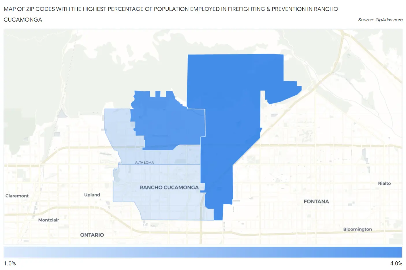 Zip Codes with the Highest Percentage of Population Employed in Firefighting & Prevention in Rancho Cucamonga Map