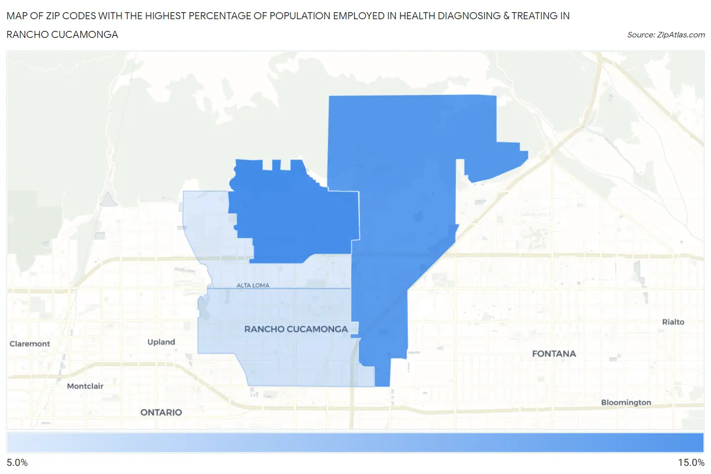 Zip Codes with the Highest Percentage of Population Employed in Health Diagnosing & Treating in Rancho Cucamonga Map