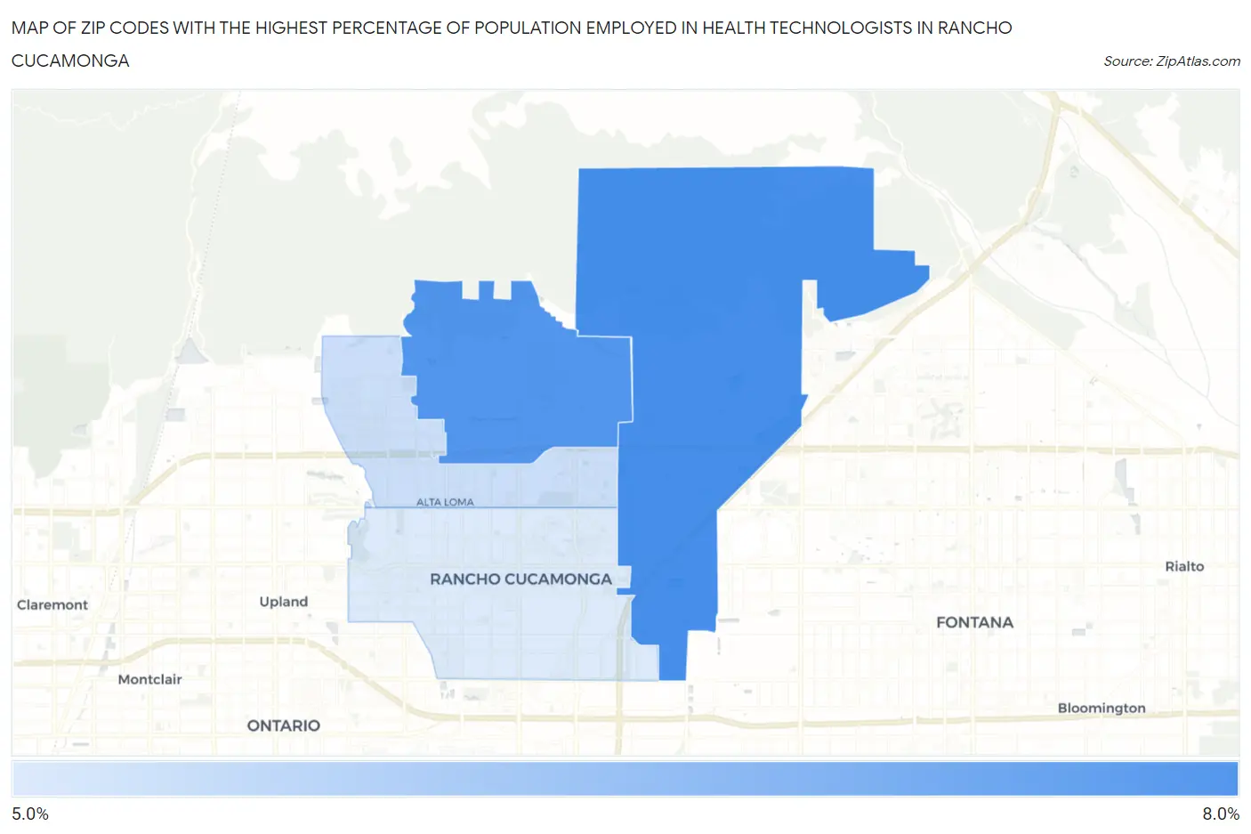 Zip Codes with the Highest Percentage of Population Employed in Health Technologists in Rancho Cucamonga Map
