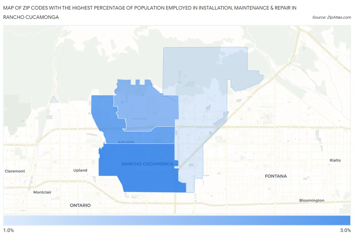 Zip Codes with the Highest Percentage of Population Employed in Installation, Maintenance & Repair in Rancho Cucamonga Map