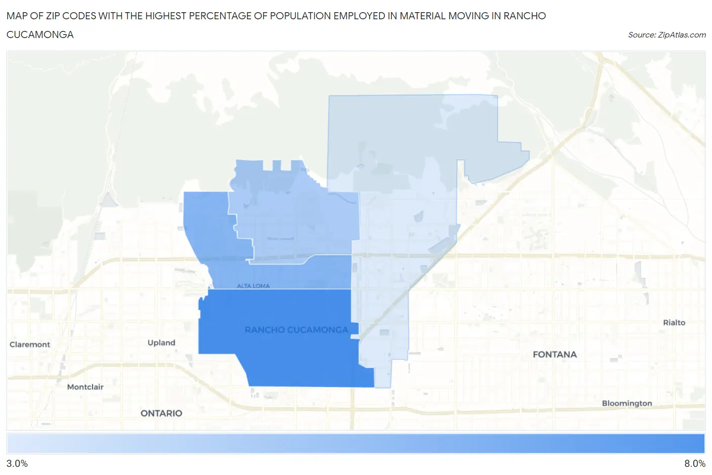 Zip Codes with the Highest Percentage of Population Employed in Material Moving in Rancho Cucamonga Map
