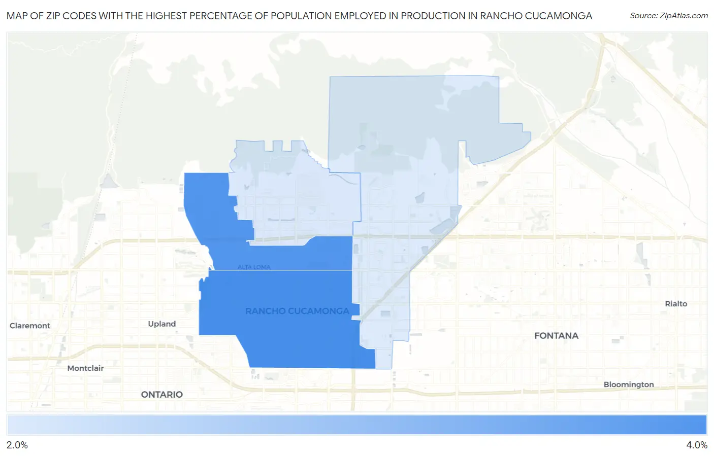 Zip Codes with the Highest Percentage of Population Employed in Production in Rancho Cucamonga Map