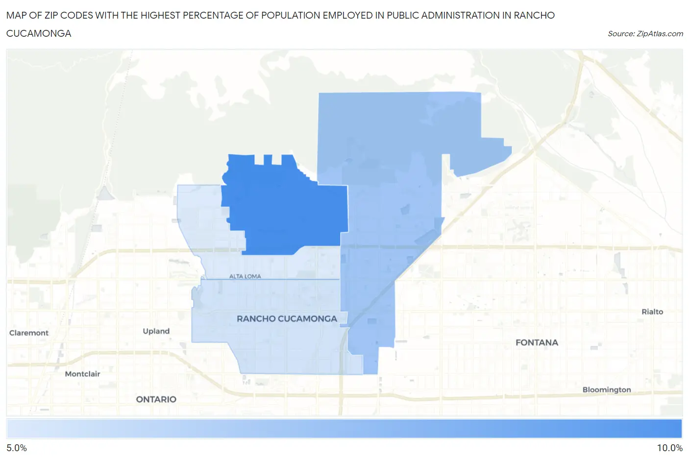 Zip Codes with the Highest Percentage of Population Employed in Public Administration in Rancho Cucamonga Map