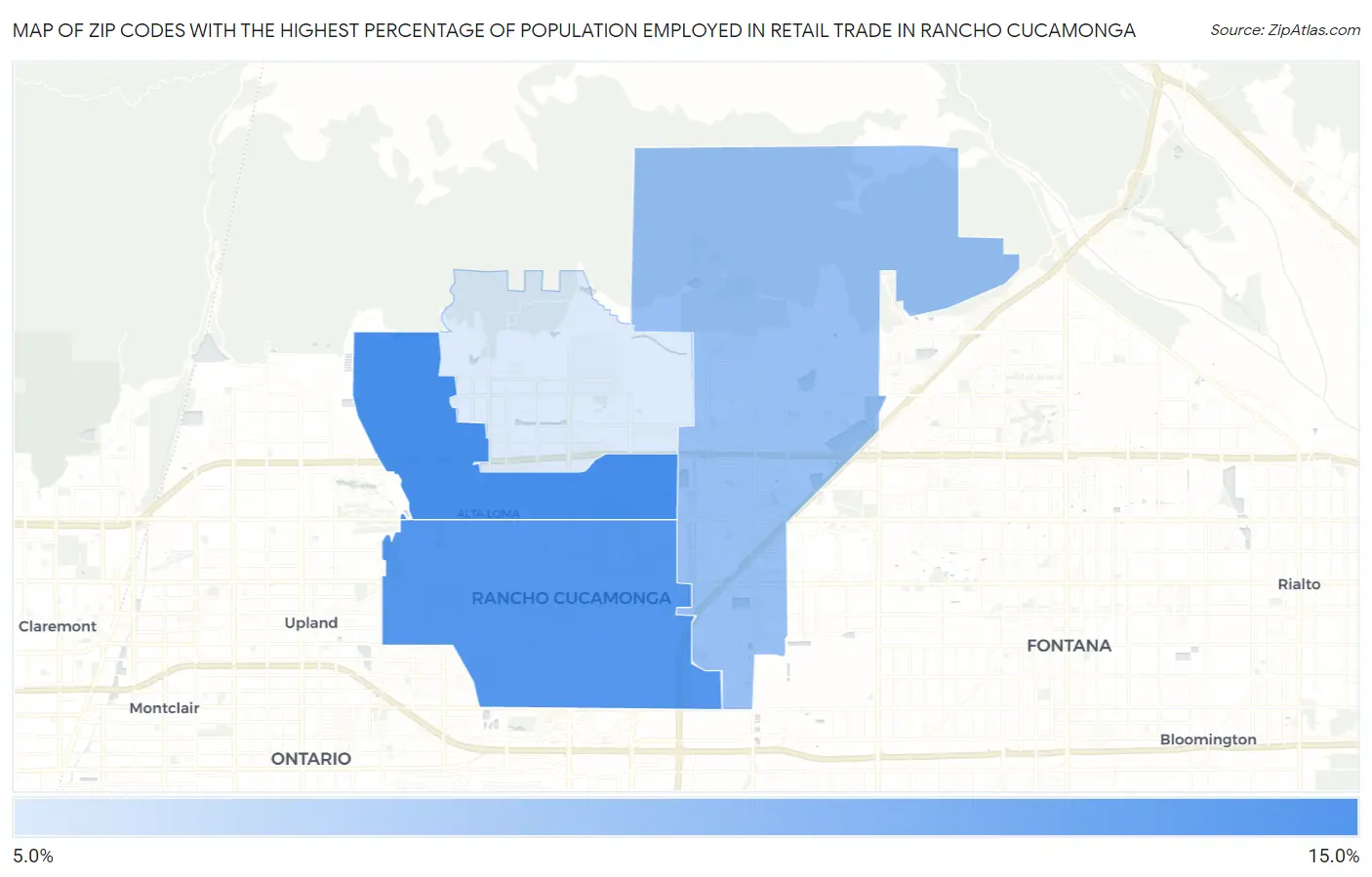 Zip Codes with the Highest Percentage of Population Employed in Retail Trade in Rancho Cucamonga Map