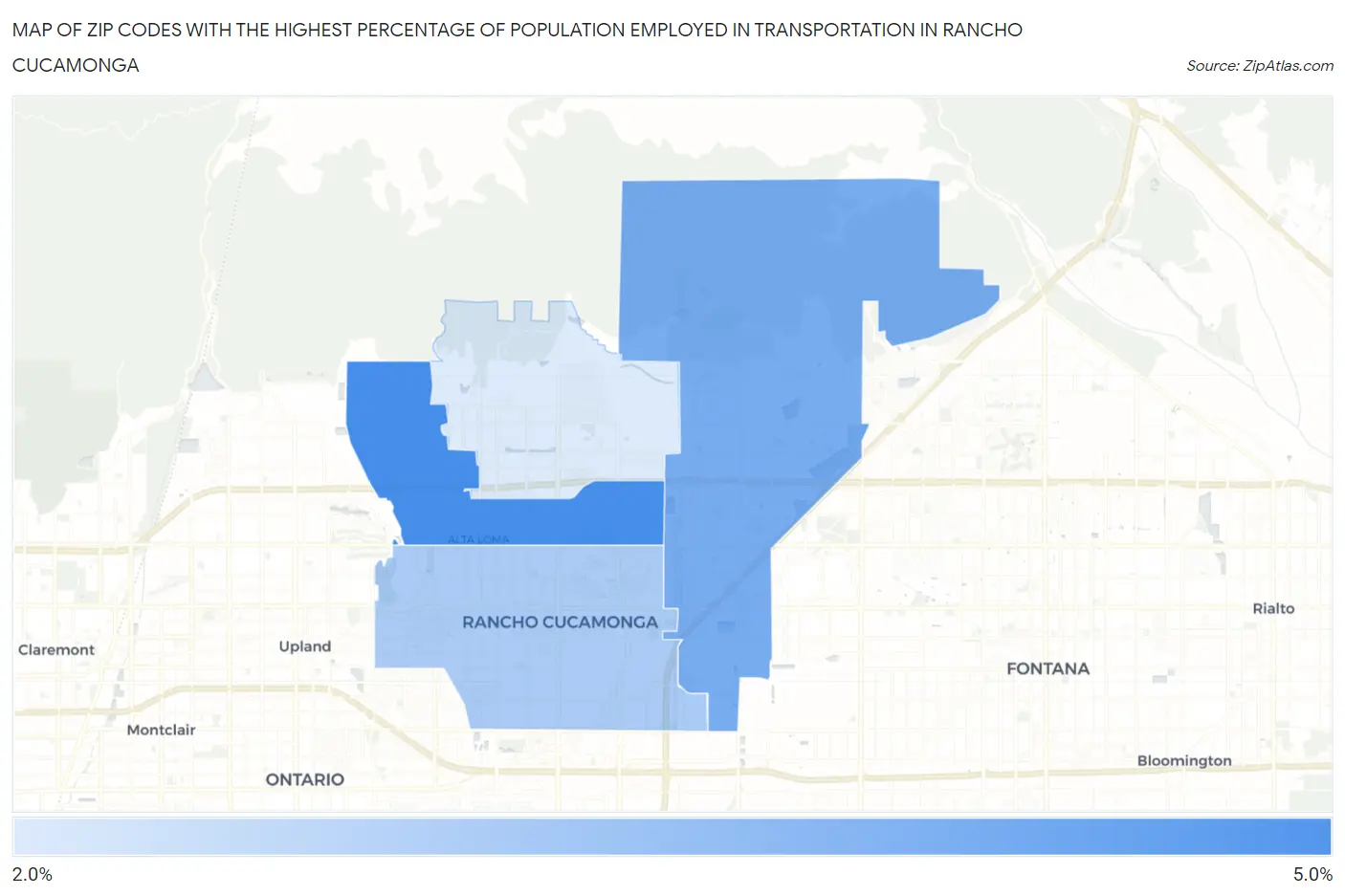 Zip Codes with the Highest Percentage of Population Employed in Transportation in Rancho Cucamonga Map