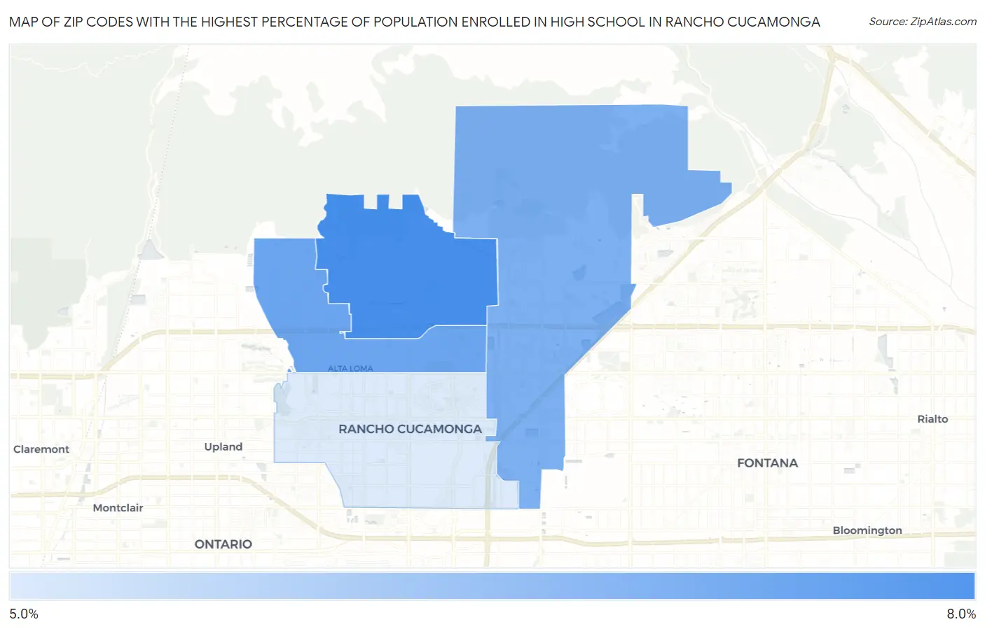 Zip Codes with the Highest Percentage of Population Enrolled in High School in Rancho Cucamonga Map