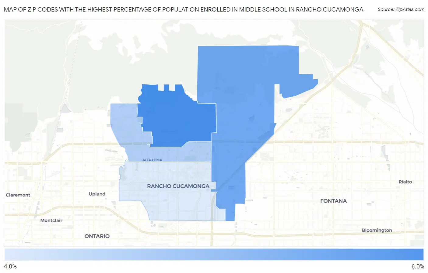 Zip Codes with the Highest Percentage of Population Enrolled in Middle School in Rancho Cucamonga Map
