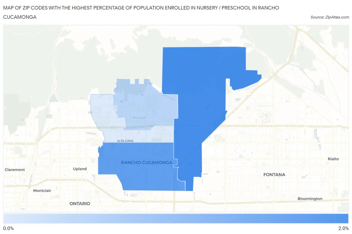 Zip Codes with the Highest Percentage of Population Enrolled in Nursery / Preschool in Rancho Cucamonga Map