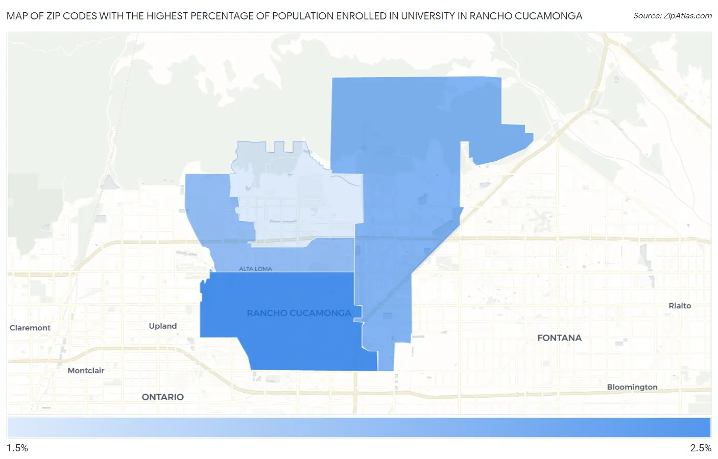 Zip Codes with the Highest Percentage of Population Enrolled in University in Rancho Cucamonga Map