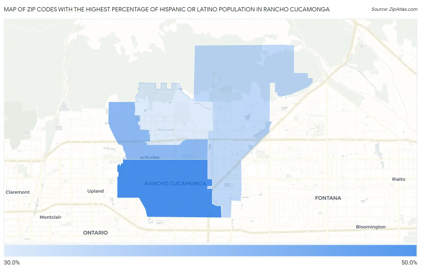 Zip Codes with the Highest Percentage of Hispanic or Latino Population in Rancho Cucamonga Map