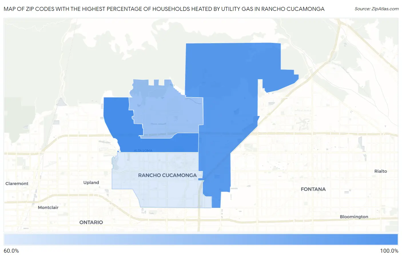 Zip Codes with the Highest Percentage of Households Heated by Utility Gas in Rancho Cucamonga Map