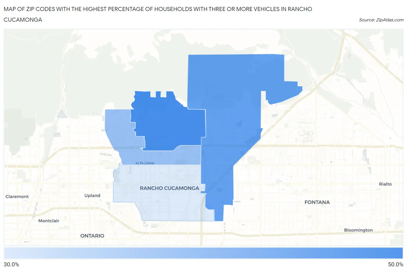 Zip Codes with the Highest Percentage of Households With Three or more Vehicles in Rancho Cucamonga Map