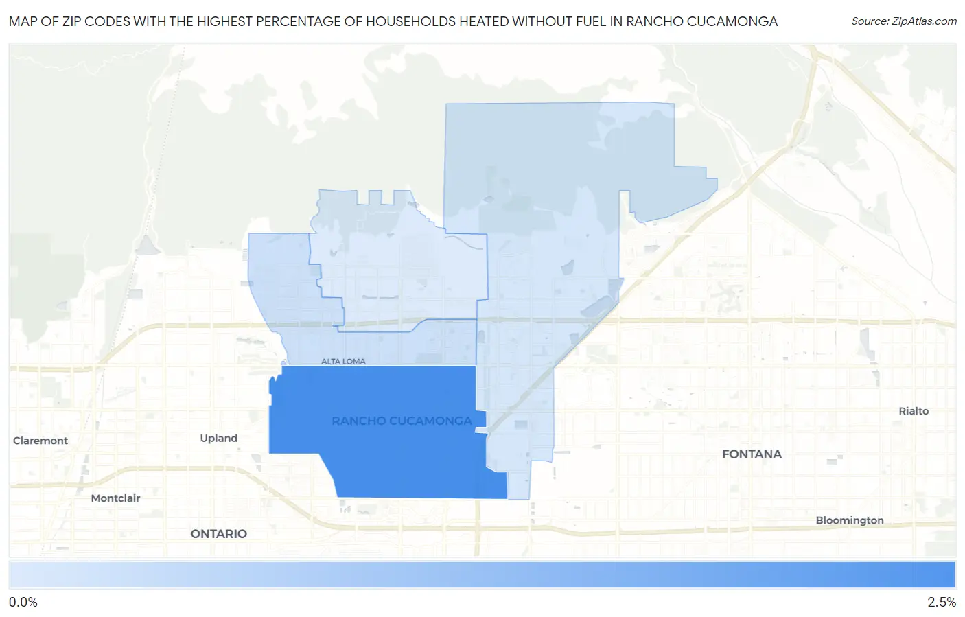 Zip Codes with the Highest Percentage of Households Heated without Fuel in Rancho Cucamonga Map