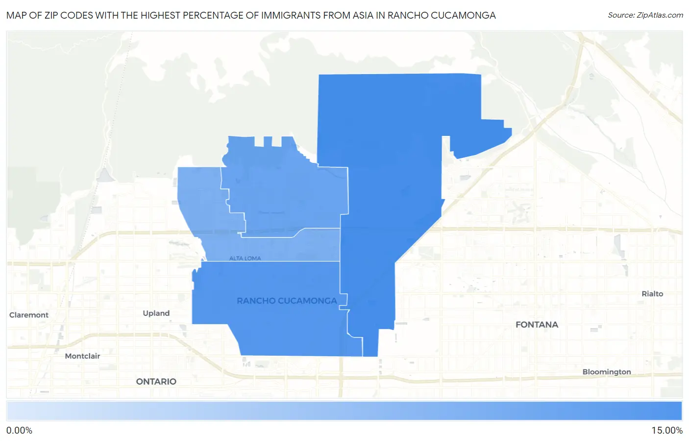 Zip Codes with the Highest Percentage of Immigrants from Asia in Rancho Cucamonga Map