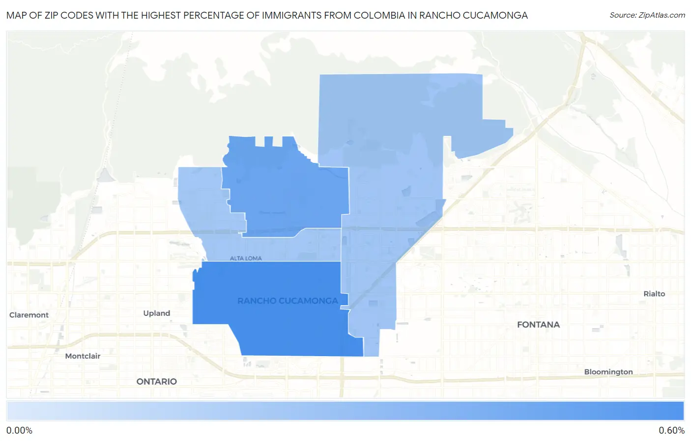 Zip Codes with the Highest Percentage of Immigrants from Colombia in Rancho Cucamonga Map