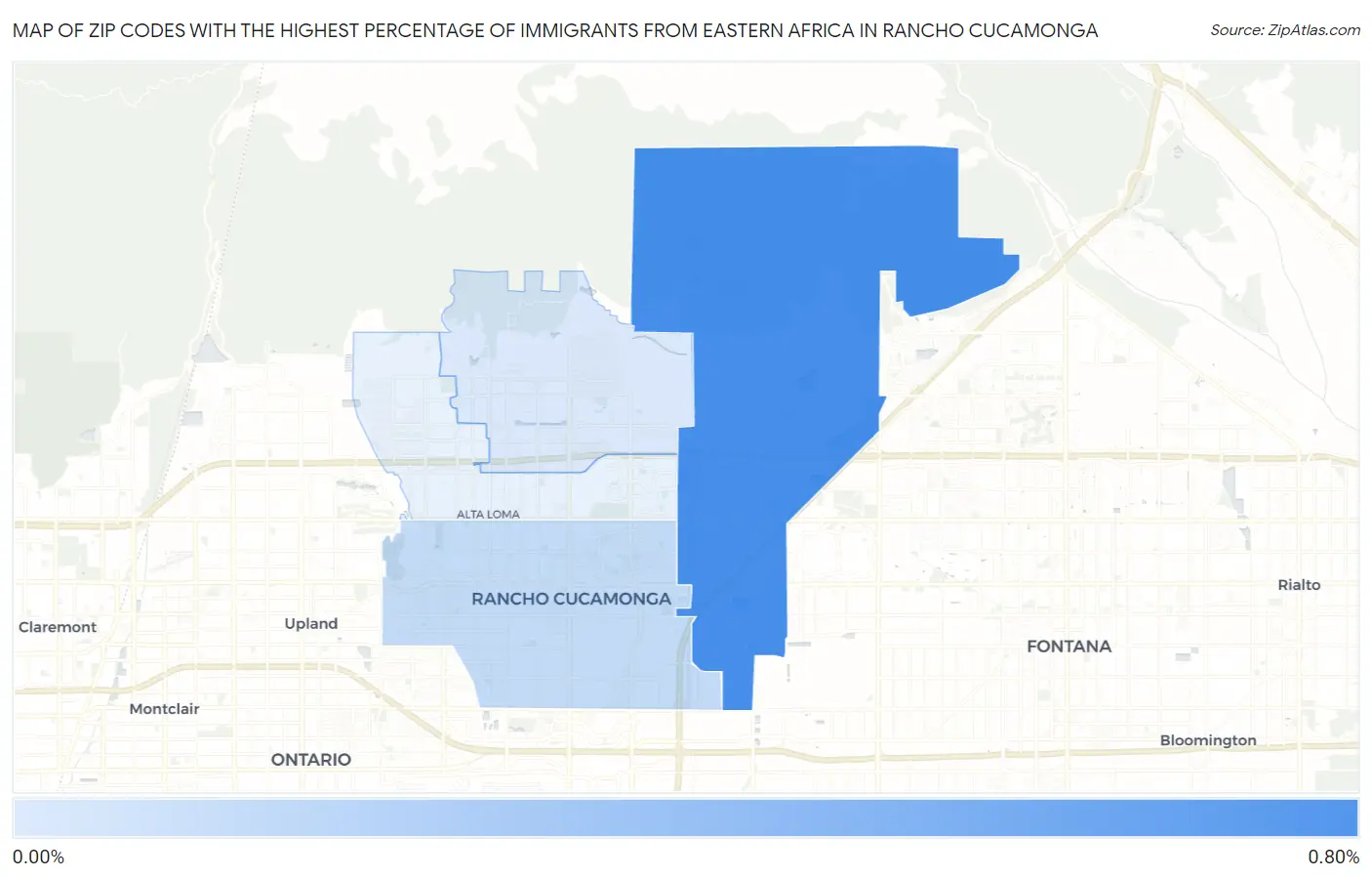 Zip Codes with the Highest Percentage of Immigrants from Eastern Africa in Rancho Cucamonga Map