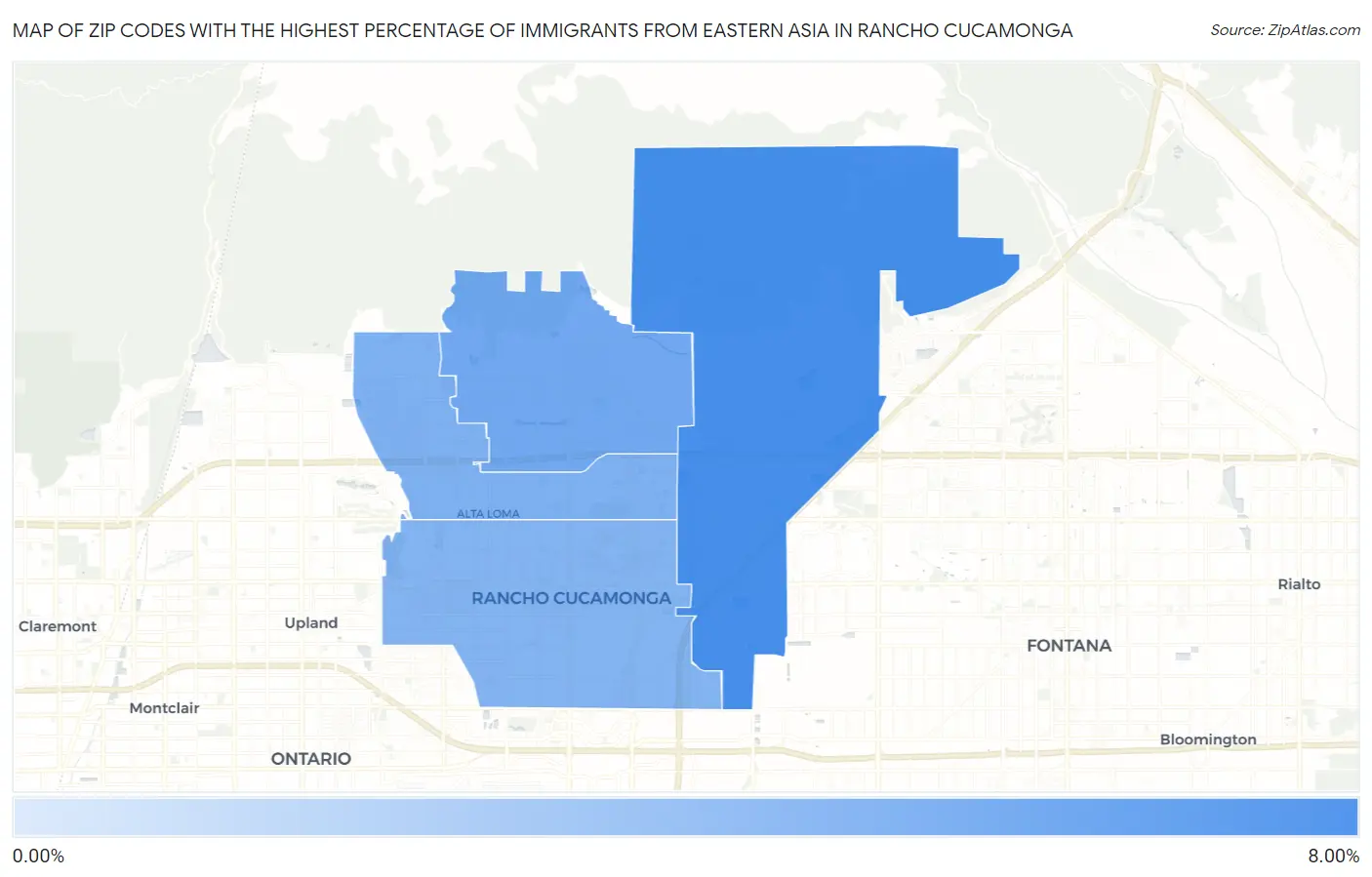 Zip Codes with the Highest Percentage of Immigrants from Eastern Asia in Rancho Cucamonga Map
