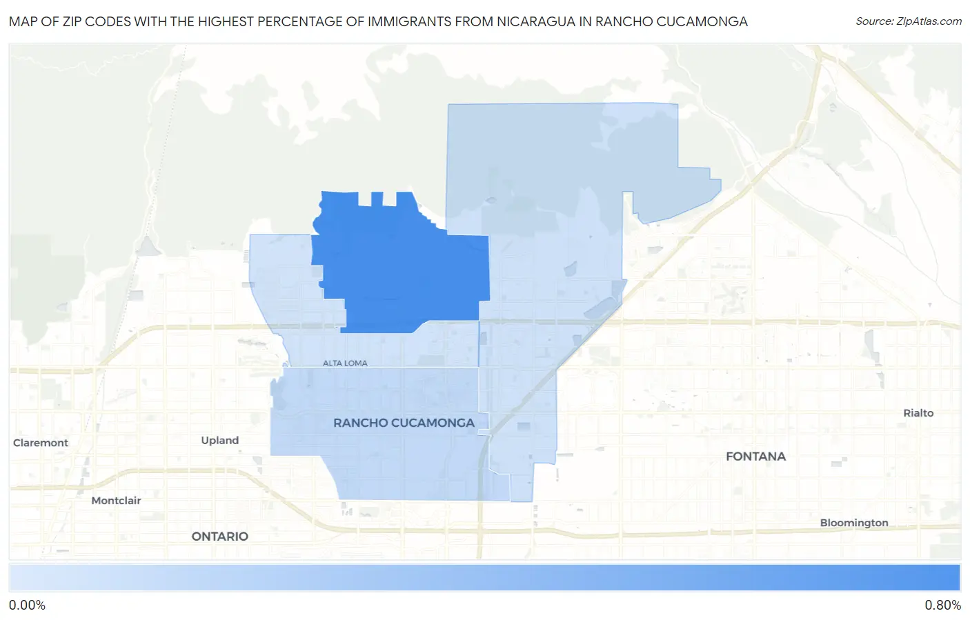 Zip Codes with the Highest Percentage of Immigrants from Nicaragua in Rancho Cucamonga Map
