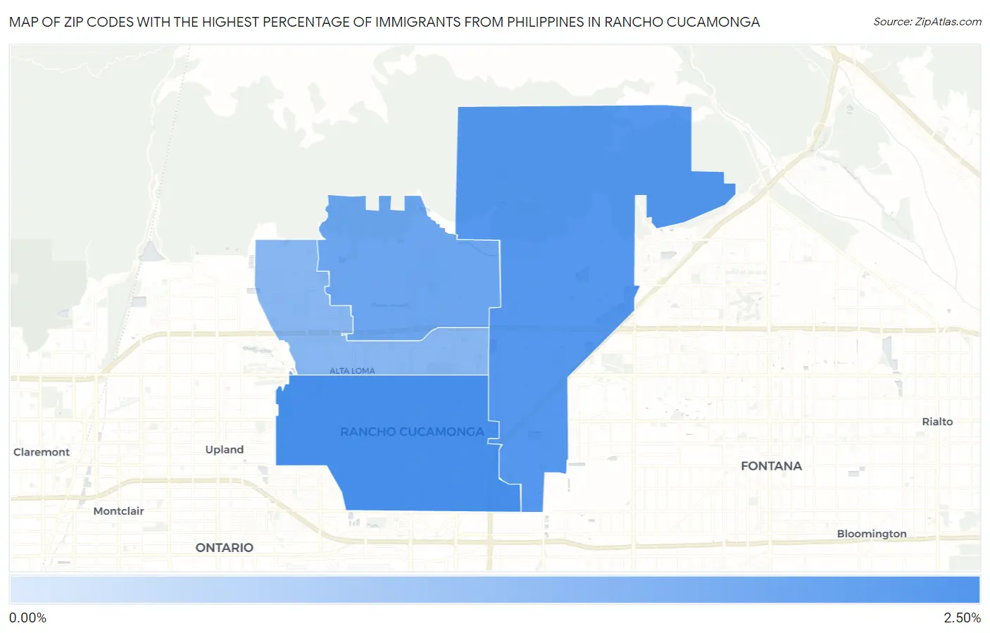 Zip Codes with the Highest Percentage of Immigrants from Philippines in Rancho Cucamonga Map