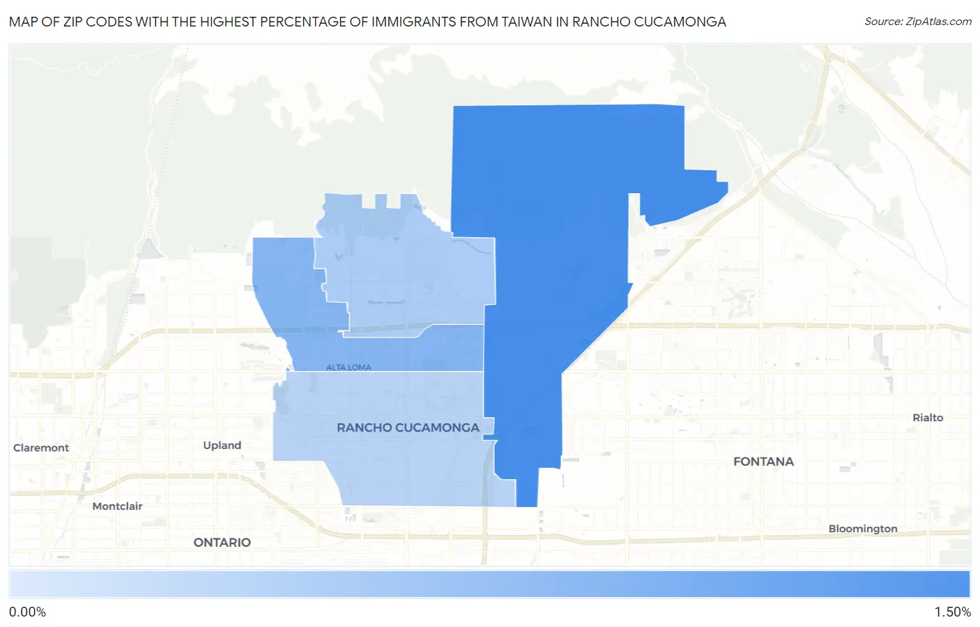 Zip Codes with the Highest Percentage of Immigrants from Taiwan in Rancho Cucamonga Map