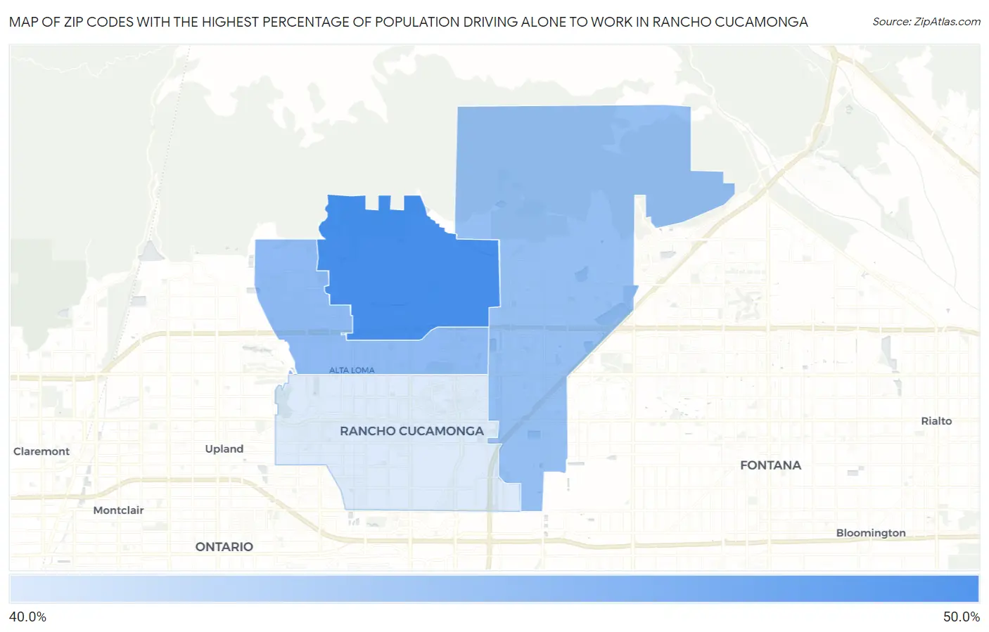 Zip Codes with the Highest Percentage of Population Driving Alone to Work in Rancho Cucamonga Map