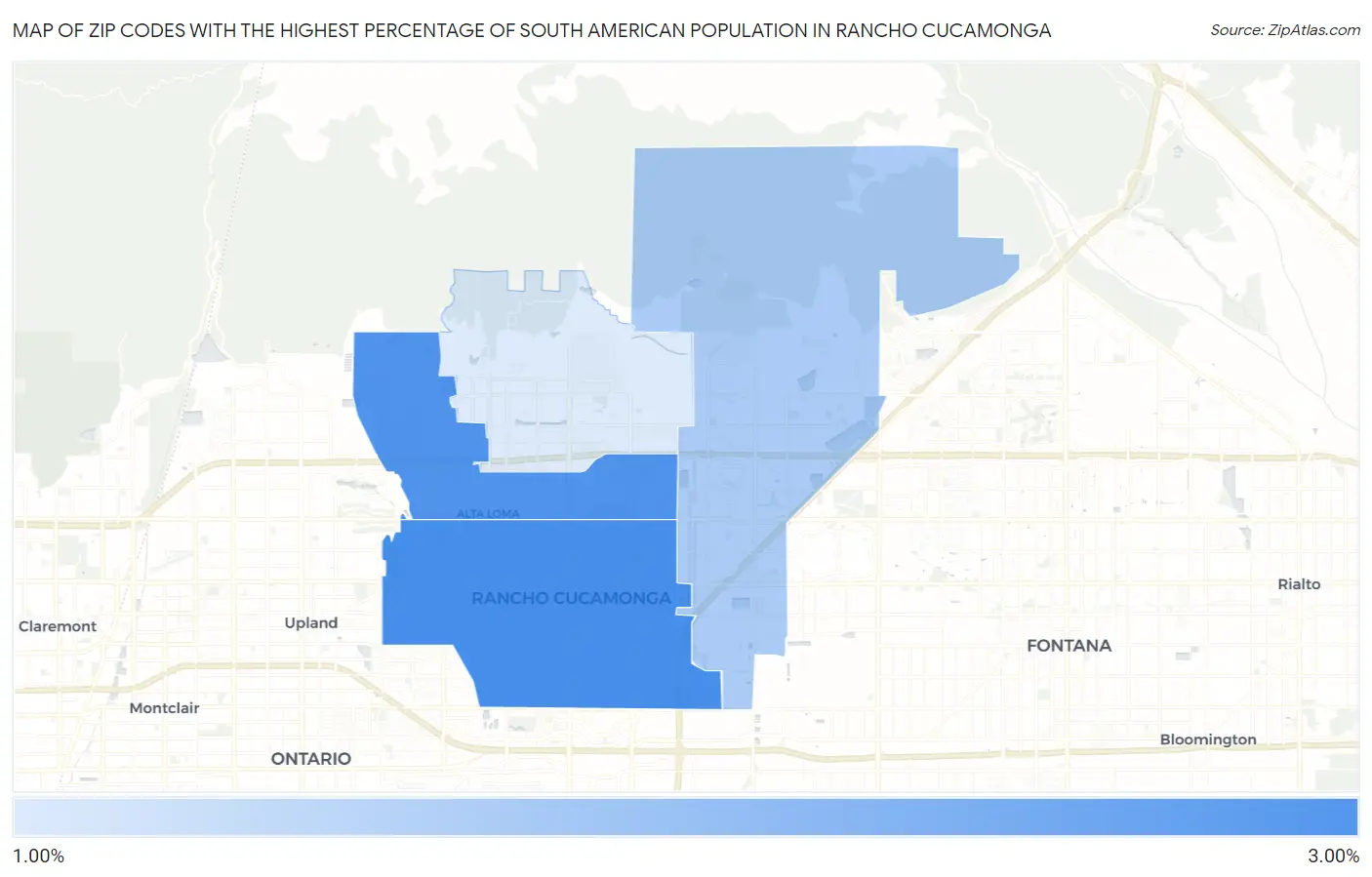 Zip Codes with the Highest Percentage of South American Population in Rancho Cucamonga Map