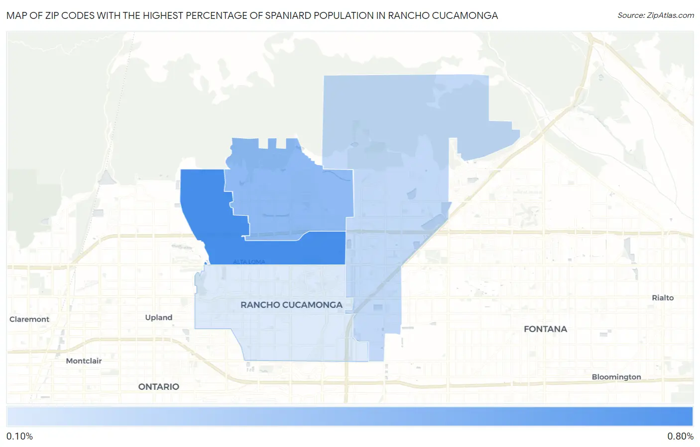 Zip Codes with the Highest Percentage of Spaniard Population in Rancho Cucamonga Map