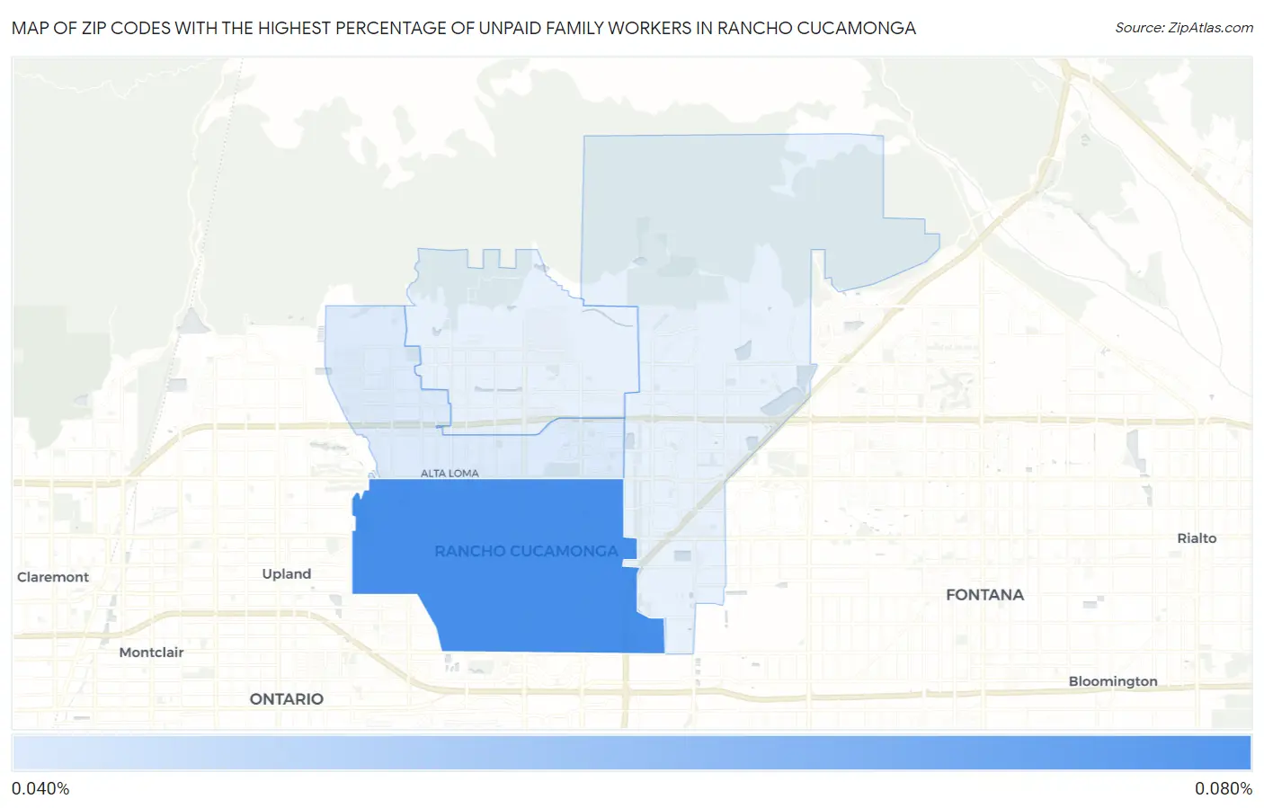 Zip Codes with the Highest Percentage of Unpaid Family Workers in Rancho Cucamonga Map
