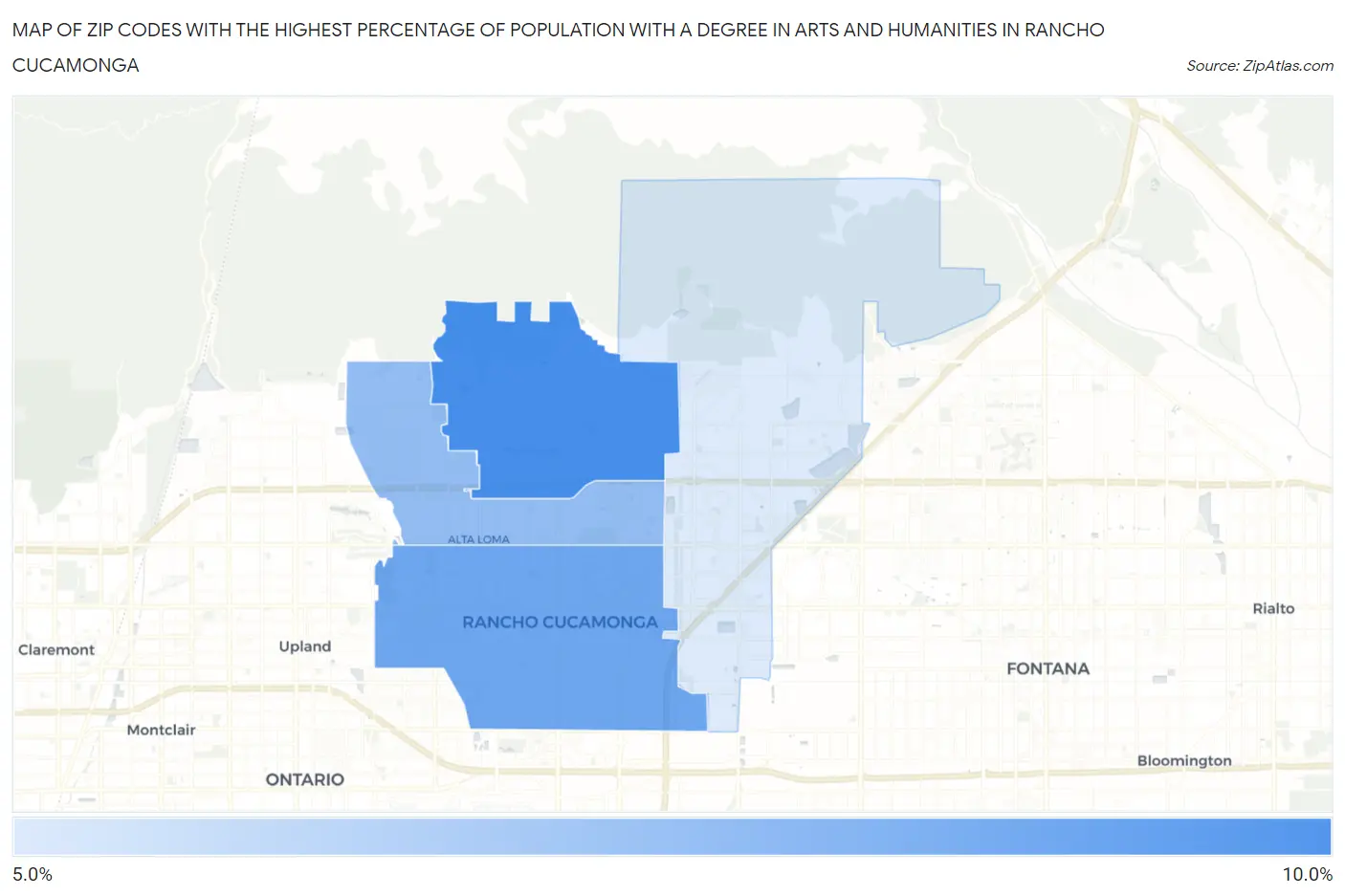 Zip Codes with the Highest Percentage of Population with a Degree in Arts and Humanities in Rancho Cucamonga Map