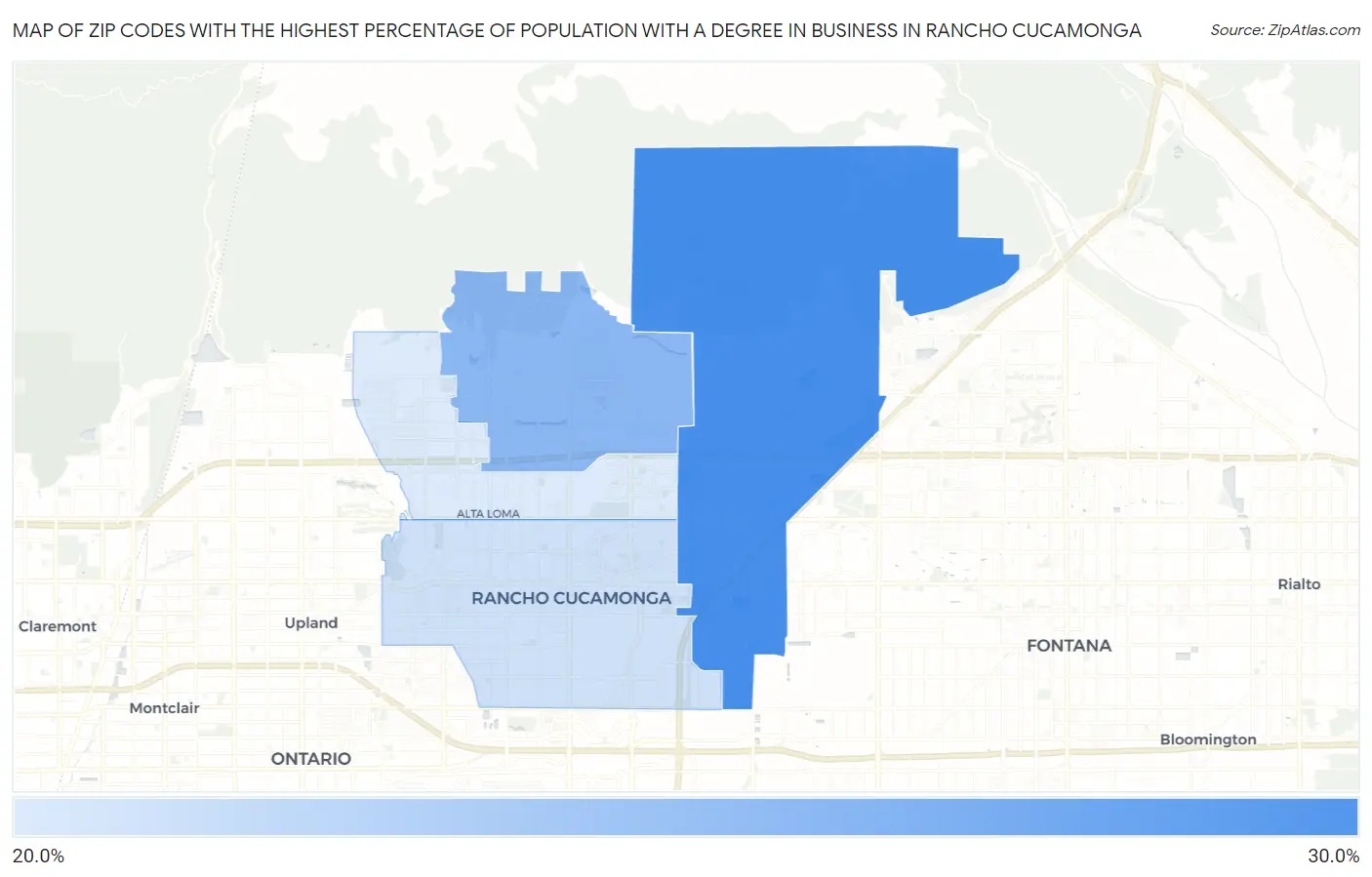 Zip Codes with the Highest Percentage of Population with a Degree in Business in Rancho Cucamonga Map
