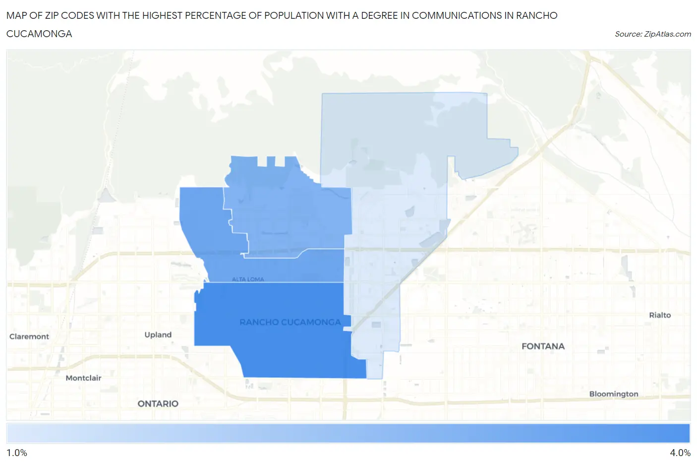 Zip Codes with the Highest Percentage of Population with a Degree in Communications in Rancho Cucamonga Map