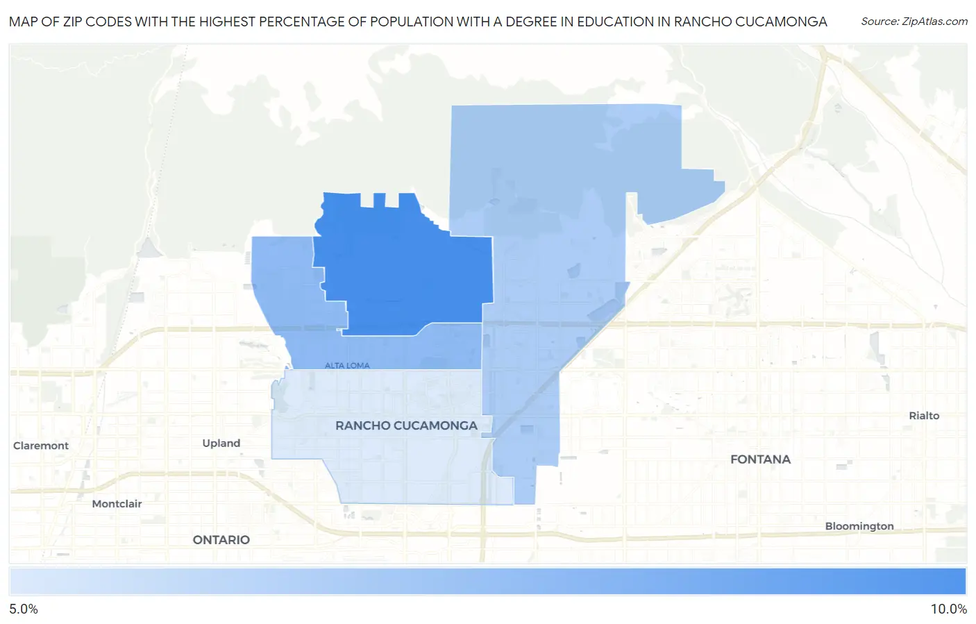Zip Codes with the Highest Percentage of Population with a Degree in Education in Rancho Cucamonga Map