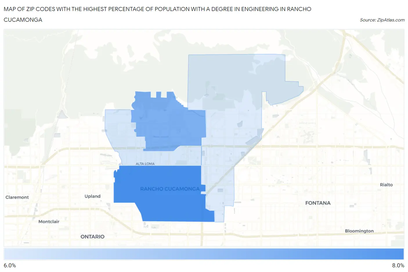 Zip Codes with the Highest Percentage of Population with a Degree in Engineering in Rancho Cucamonga Map