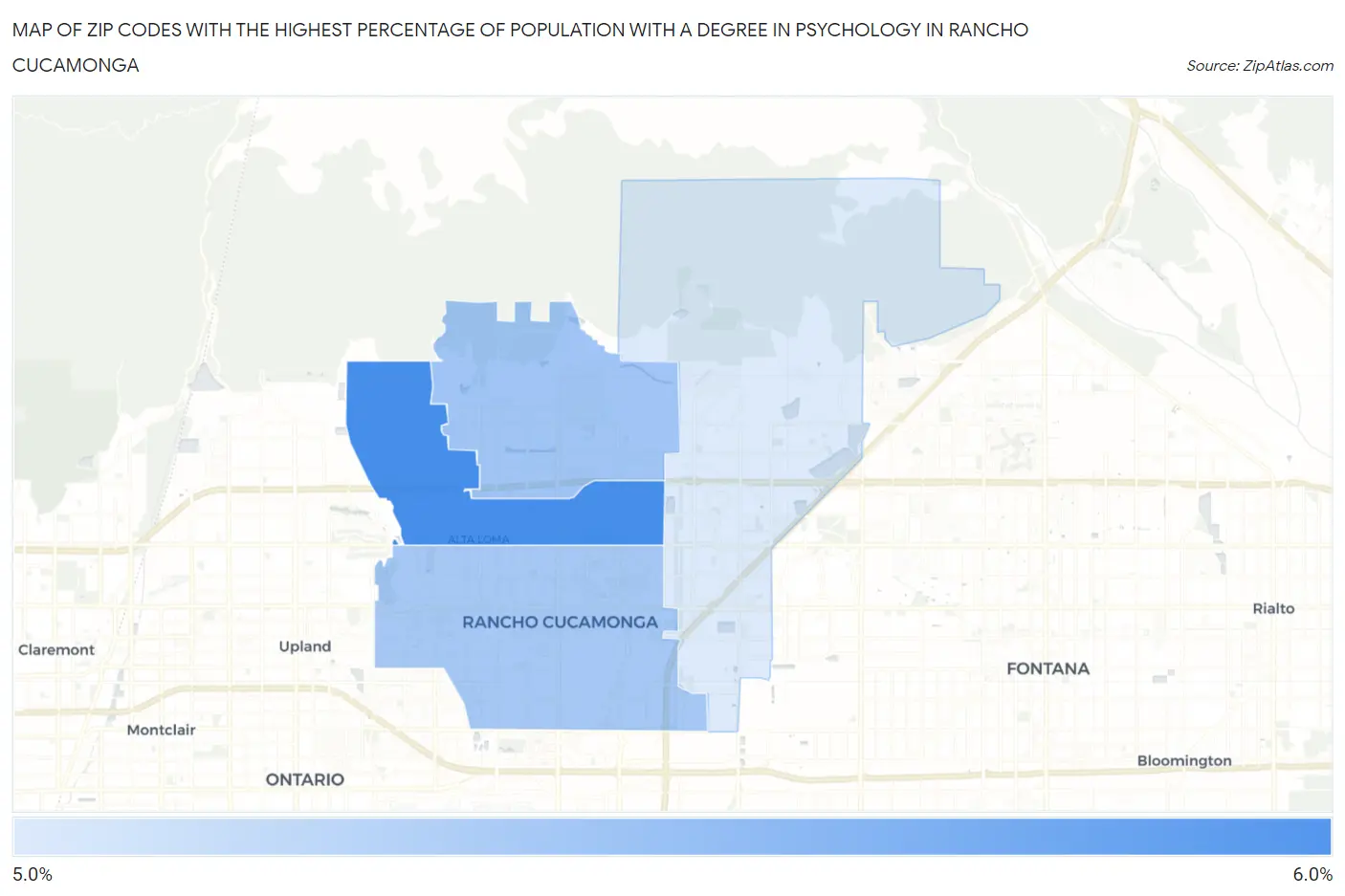 Zip Codes with the Highest Percentage of Population with a Degree in Psychology in Rancho Cucamonga Map