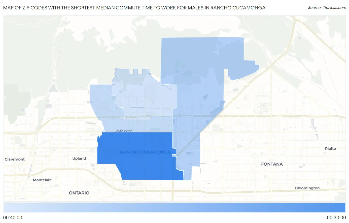 Zip Codes with the Shortest Median Commute Time to Work for Males in Rancho Cucamonga Map