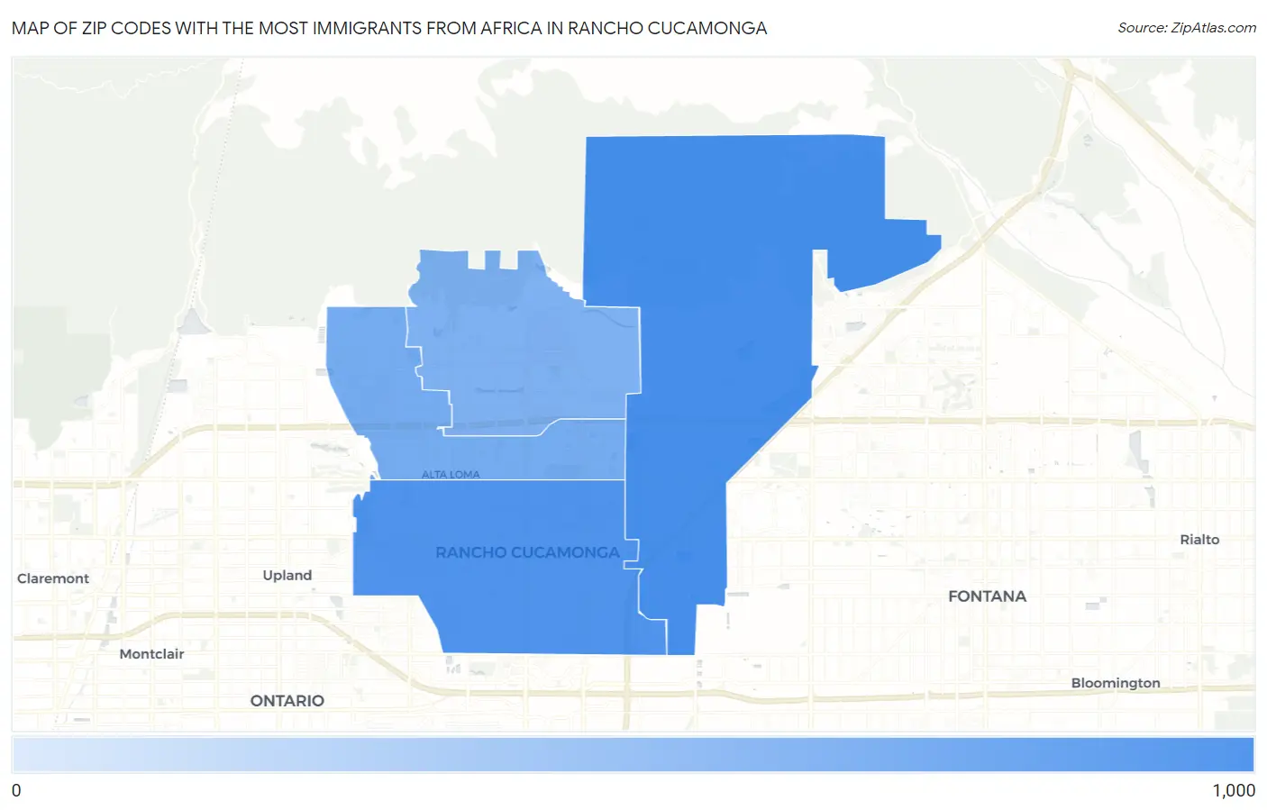 Zip Codes with the Most Immigrants from Africa in Rancho Cucamonga Map