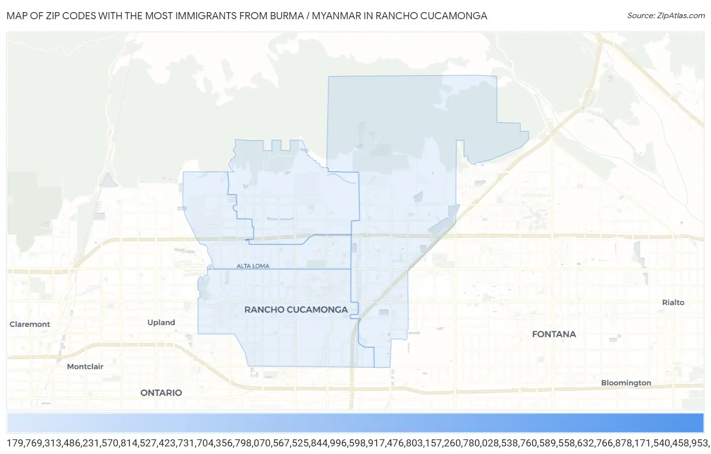 Zip Codes with the Most Immigrants from Burma / Myanmar in Rancho Cucamonga Map
