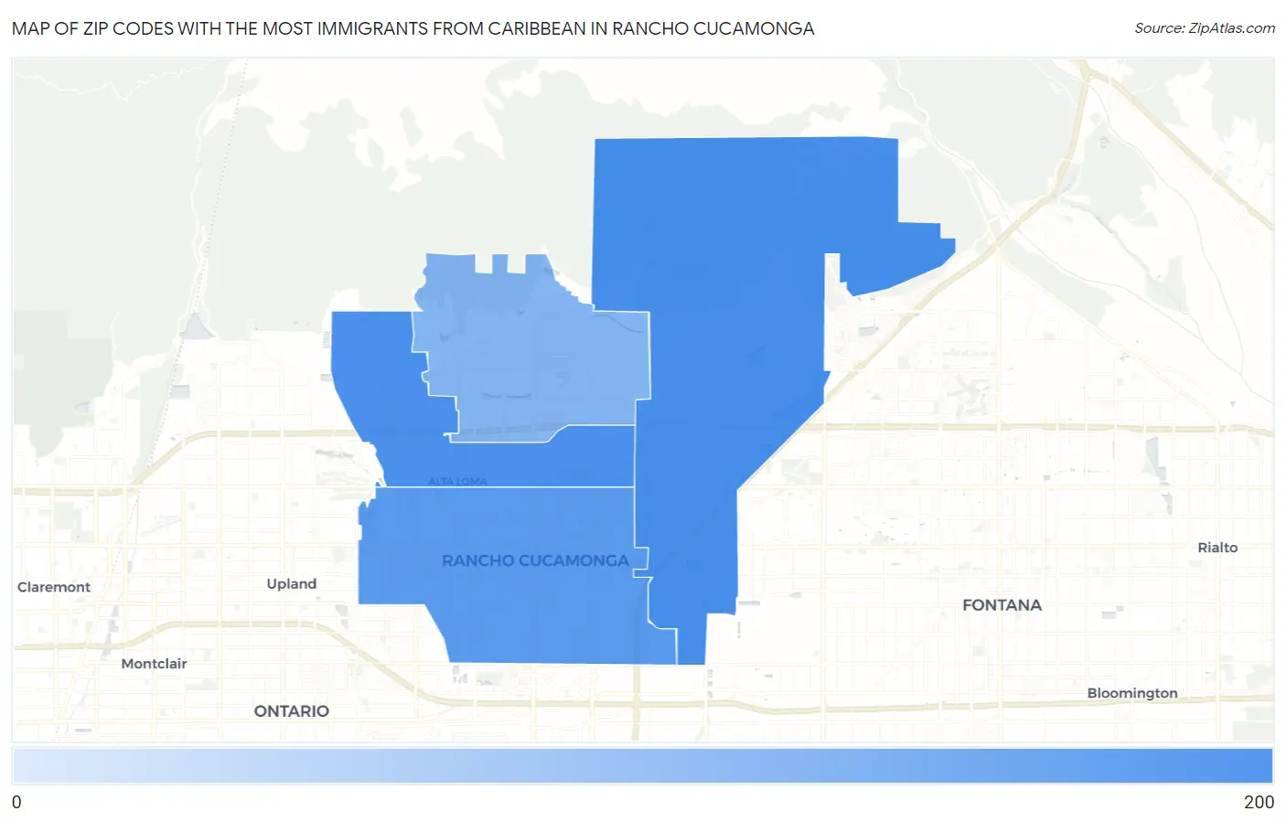 Zip Codes with the Most Immigrants from Caribbean in Rancho Cucamonga Map