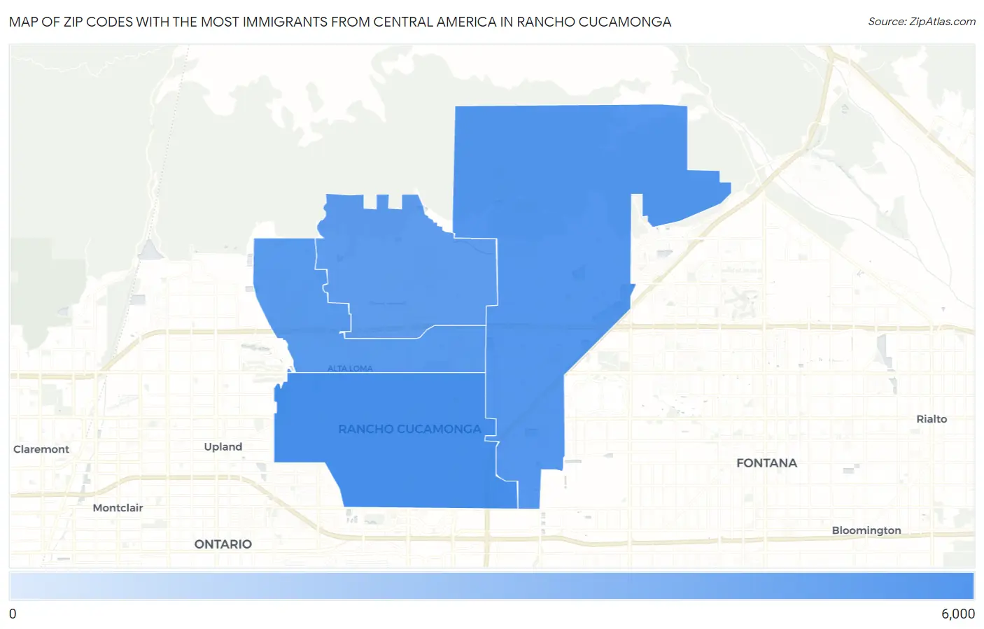 Zip Codes with the Most Immigrants from Central America in Rancho Cucamonga Map
