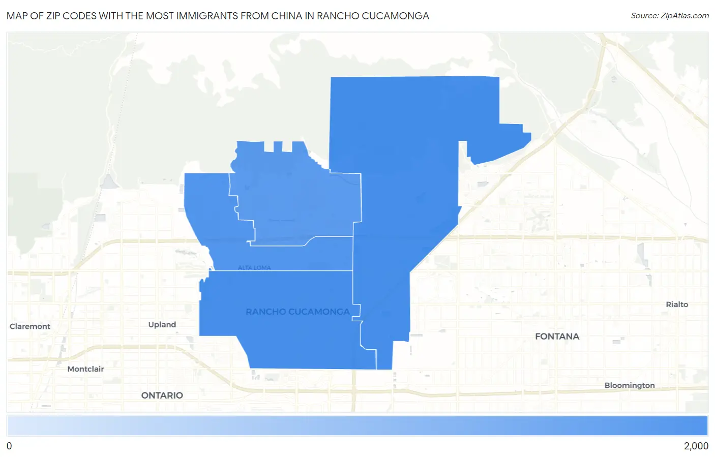 Zip Codes with the Most Immigrants from China in Rancho Cucamonga Map
