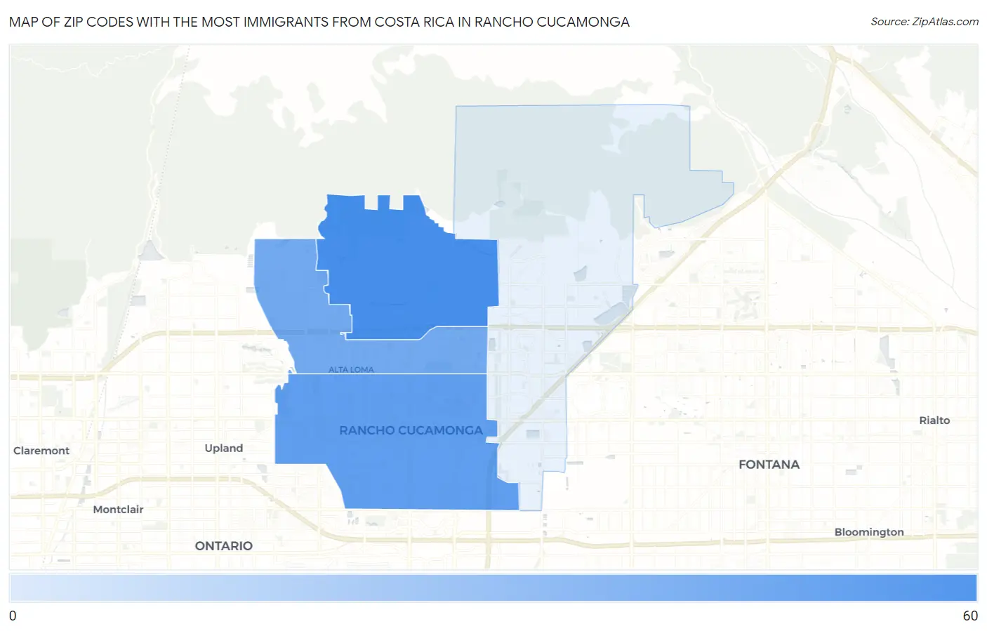 Zip Codes with the Most Immigrants from Costa Rica in Rancho Cucamonga Map