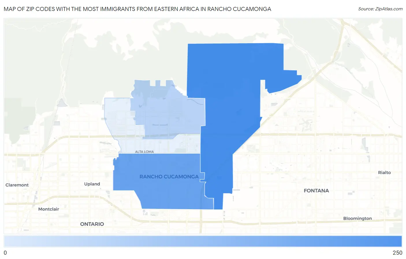 Zip Codes with the Most Immigrants from Eastern Africa in Rancho Cucamonga Map
