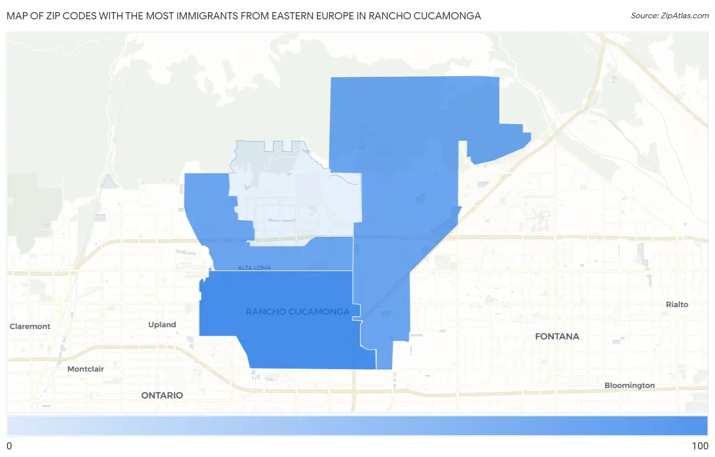 Zip Codes with the Most Immigrants from Eastern Europe in Rancho Cucamonga Map