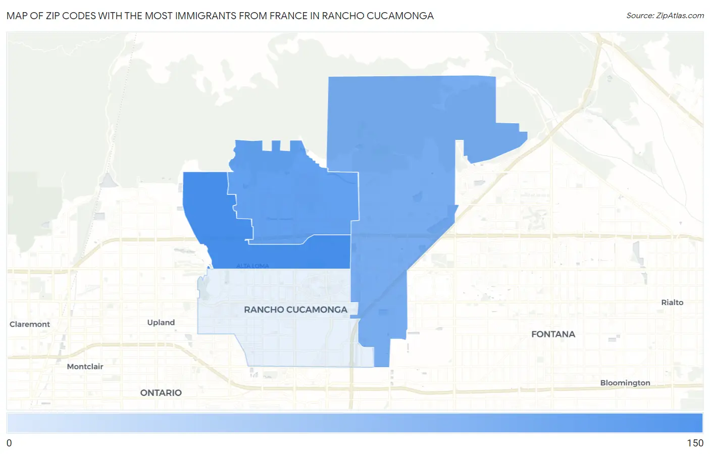 Zip Codes with the Most Immigrants from France in Rancho Cucamonga Map